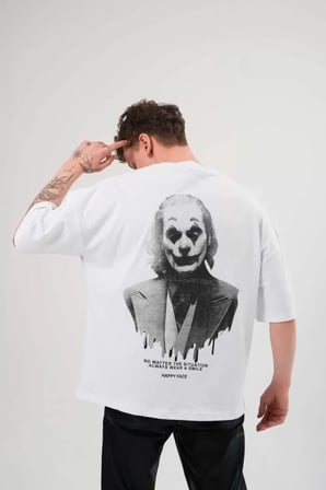 MODA ŞEHRİ Unisex Bisiklet Yaka Baskılı Oversize T-Shirt - Beyaz