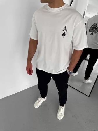 MODA ŞEHRİ Unisex Bisiklet Yaka Baskılı Oversize T-Shirt - Beyaz