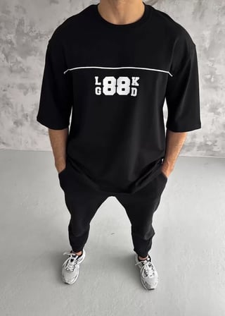 MODA ŞEHRİ Unisex Bisiklet Yaka Baskılı Oversize T-Shirt - Siyah