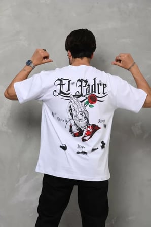 MODA ŞEHRİ Unisex Bisiklet Yaka Baskılı Oversize T-Shirt - Beyaz