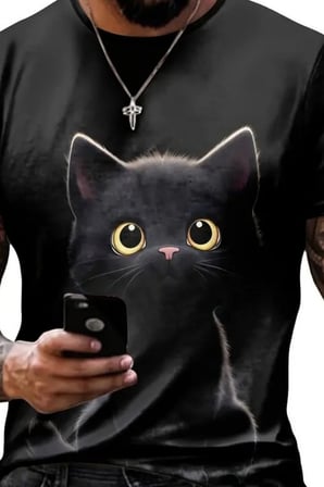 MODA ŞEHRİ Erkek Bisiklet Yaka Kedi Baskılı Süprem T-shirt