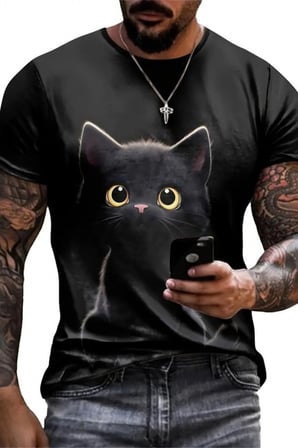 MODA ŞEHRİ Erkek Bisiklet Yaka Kedi Baskılı Süprem T-shirt