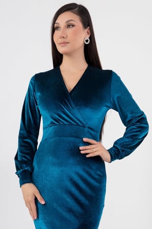 MODA ŞEHRİ Kadın Kadife Kumaş Manşetli V Yaka Şık Kalem Elbise