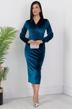 MODA ŞEHRİ Kadın Kadife Kumaş Manşetli V Yaka Şık Kalem Elbise