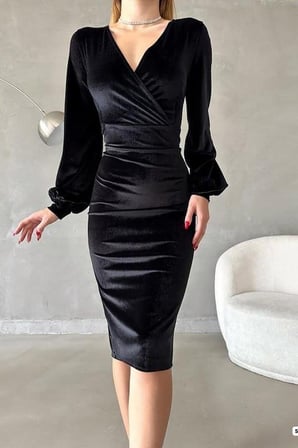 MODA ŞEHRİ Kadın Kadife Kumaş Kruvaze Yaka Balon Kol Ve Yırtmaç Detaylı Midi Boy Elbise