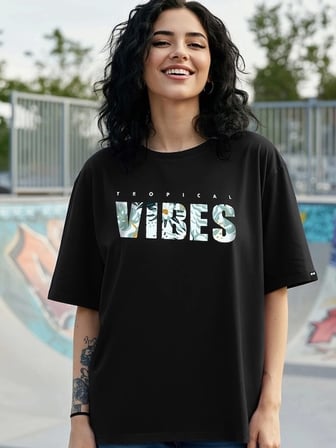 MODA ŞEHRİ Baskılı Oversize T-shirt - Siyah