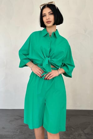 MODA ŞEHRİ Yeşil Kısa Kollu Keten Gömlek Ve Şort Takım