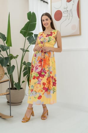 MODA ŞEHRİ Sarı Çiçek Desenli Yazlık Elbise