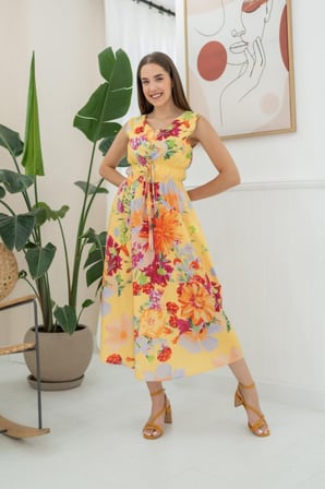 MODA ŞEHRİ Sarı Çiçek Desenli Yazlık Elbise