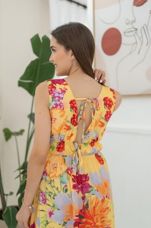 MODA ŞEHRİ Sarı Çiçek Desenli Yazlık Elbise