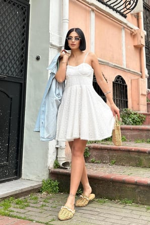 MODA ŞEHRİ Beyaz Askılı Fisto Mini Elbise