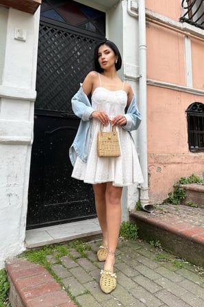 MODA ŞEHRİ Beyaz Askılı Fisto Mini Elbise