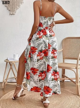 MODA ŞEHRİ Kadın Ip Askılı V Yakalı Bel Güpür çiçek Desenli Yandan Yırtmaçlı Maksi Süprem Elbise