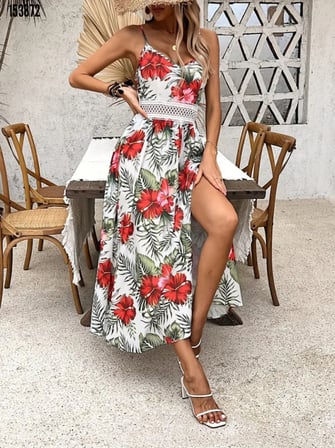 MODA ŞEHRİ Kadın Ip Askılı V Yakalı Bel Güpür çiçek Desenli Yandan Yırtmaçlı Maksi Süprem Elbise