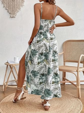 MODA ŞEHRİ Kadın Ip Askılı V Yakalı Bel Güpür çiçek Desenli Yandan Yırtmaçlı Maksi Süprem Elbise