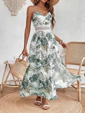 MODA ŞEHRİ Kadın Ip Askılı V Yakalı Bel Güpür çiçek Desenli Yandan Yırtmaçlı Maksi Süprem Elbise