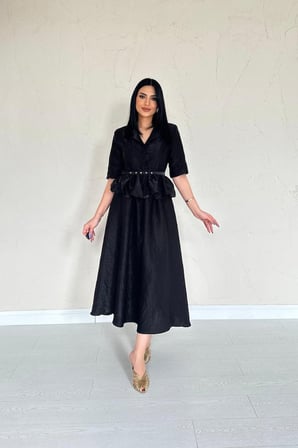 MODA ŞEHRİ Siyah İnce Kemerli Fırfırlı Ceket Ve Büzgülü Etek Takım