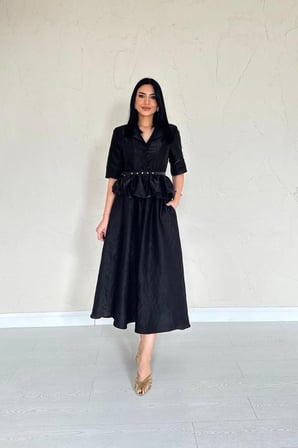 MODA ŞEHRİ Siyah İnce Kemerli Fırfırlı Ceket Ve Büzgülü Etek Takım