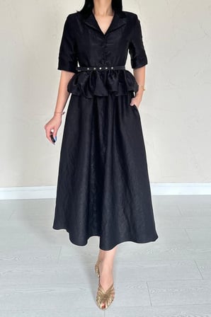 MODA ŞEHRİ Siyah İnce Kemerli Fırfırlı Ceket Ve Büzgülü Etek Takım