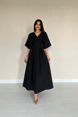 MODA ŞEHRİ Siyah Pileli Uzun Elbise