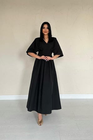 MODA ŞEHRİ Siyah Pileli Uzun Elbise