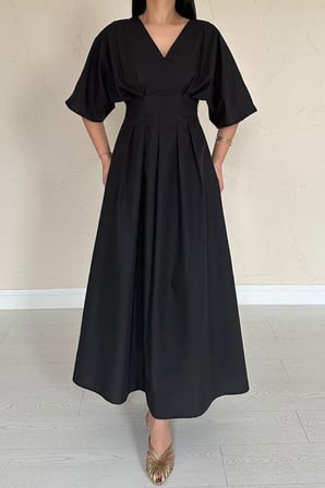MODA ŞEHRİ Siyah Pileli Uzun Elbise