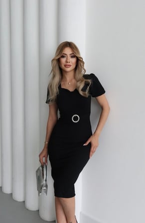 MODA ŞEHRİ Kadın Kısa Kollu Yakası Açık önden Halka Detaylı Ithal Krep Elbise