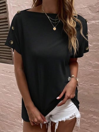 MODA ŞEHRİ Kadın Tek Omuzu Açık Düğme Detaylı Salaş Viskon Bluz
