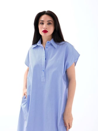 MODA ŞEHRİ 7450 ELBİSE-MAVİ BEYAZ ÇİZGİLİ