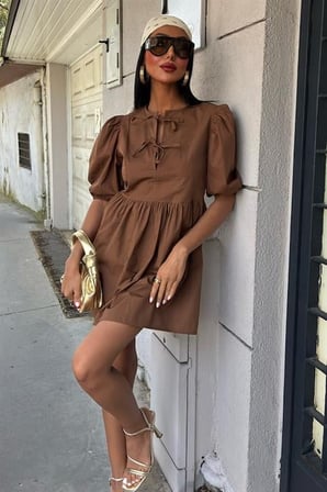MODA ŞEHRİ Önü Fiyonk Bağlamalı Ve Balon Kollu Elbise 2893