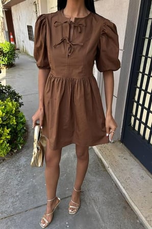 MODA ŞEHRİ Önü Fiyonk Bağlamalı Ve Balon Kollu Elbise 2893