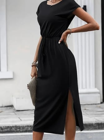 MODA ŞEHRİ Kadın Kısa Kollu Yakası Açık Belden Kuşaklı Yandan Yırtmaçlı Midi Viskon Elbise
