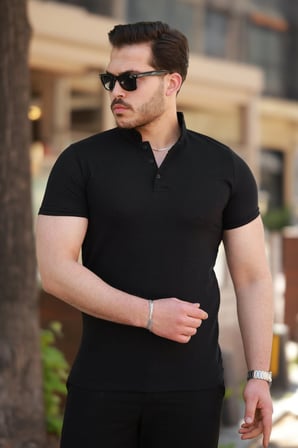 MODA ŞEHRİ Erkek Hakim Yaka Dokuma Pamuklu Kumaş Kısa Kollu T-shirt