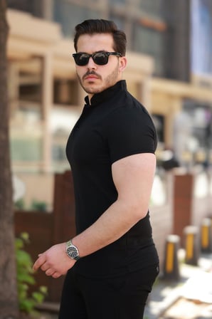 MODA ŞEHRİ Erkek Hakim Yaka Dokuma Pamuklu Kumaş Kısa Kollu T-shirt