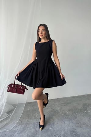 MODA ŞEHRİ Siyah Mini Boy Büzgülü Keten Elbise