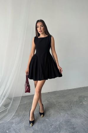 MODA ŞEHRİ Siyah Mini Boy Büzgülü Keten Elbise