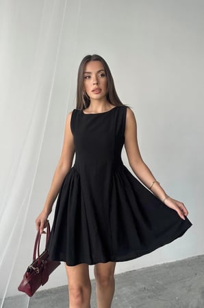 MODA ŞEHRİ Siyah Mini Boy Büzgülü Keten Elbise