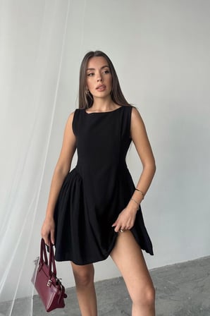 MODA ŞEHRİ Siyah Mini Boy Büzgülü Keten Elbise