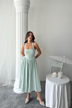 MODA ŞEHRİ Mint Boyundan Bağlamalı Keten Elbise