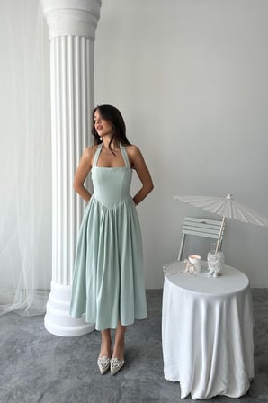 MODA ŞEHRİ Mint Boyundan Bağlamalı Keten Elbise