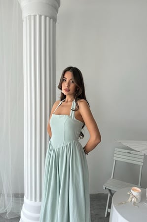 MODA ŞEHRİ Mint Boyundan Bağlamalı Keten Elbise