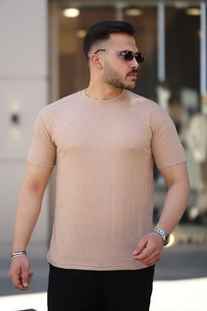 MODA ŞEHRİ Erkek Ağaç Kabuğu Desenli Kısa Kollu T-shirt
