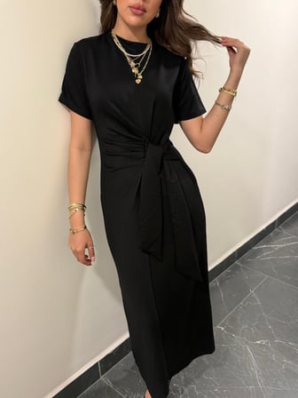 MODA ŞEHRİ Kadın Kısa Kollu Bisiklet Yaka Yandan Bağlamalı Viskon Iki Iplik Elbise