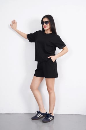 MODA ŞEHRİ Osy Modal Yumuşak Dokulu Kumaş Bisiklet Yaka T-shirt Kısa Şort İkili Takım - Siyah