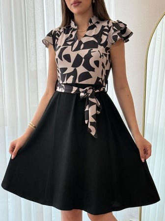 MODA ŞEHRİ Kadın Kısa Kollu Kolu Fırfır Detay Mini Kuşaklı Kloş Krep Elbise