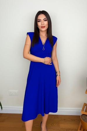 MODA ŞEHRİ Kadın Kısa Kollu Kruvaze Yakalı Bel Korsajı Buzgulu Midi Janjan Krep Elbise