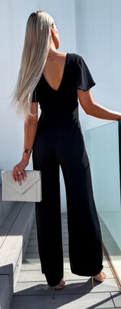 MODA ŞEHRİ Kadın Kısa Kollu Kruvaze Yaka Sırt Dekolteli Pegasus Kumaş Tulum