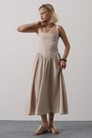 MODA ŞEHRİ Askılı Uzun Elbise - Taş