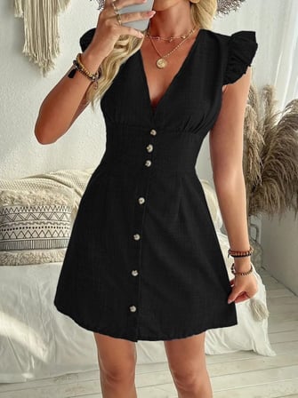MODA ŞEHRİ Kadın Fırfır Kollu V Yakalı Düğmeli Keten Elbise