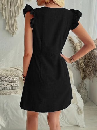 MODA ŞEHRİ Kadın Fırfır Kollu V Yakalı Düğmeli Keten Elbise